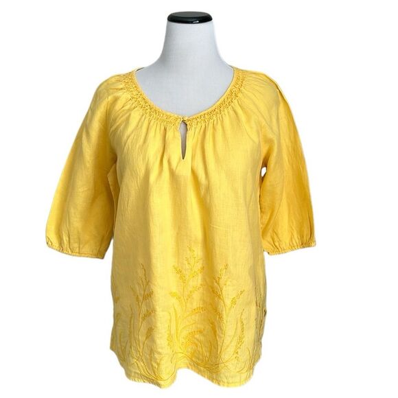 Charter Club Women’s Yellow Embroidered Boho Peasant Style Linen Top Size 16 - Picture 1 of 11